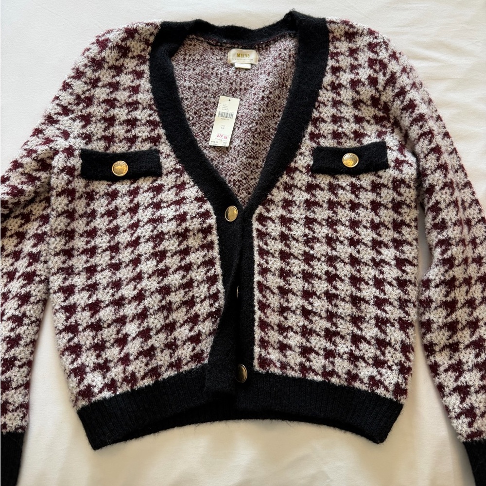 Maeve Burgundy & Black Houndstooth Bouclé Cardigan